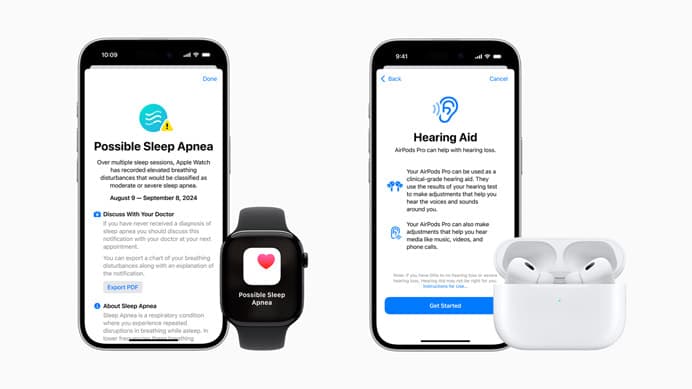 iPhone displaying Apple Health app interface alongside AirPods Pro, demonstrating hearing test functionality relevant to tinnitus.