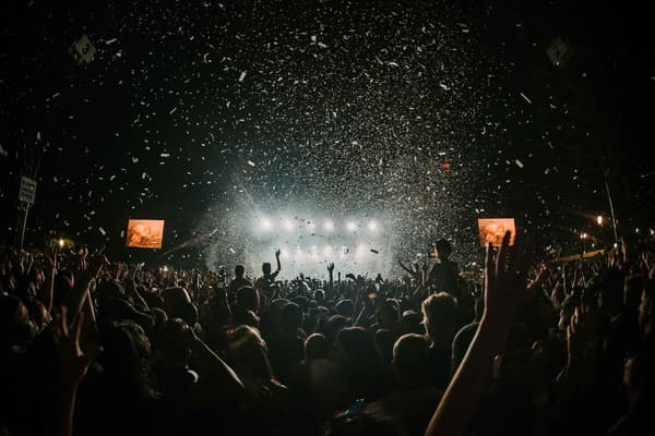 Energetic live music show with crowd, emphasizing the loud environments musicians are exposed to.